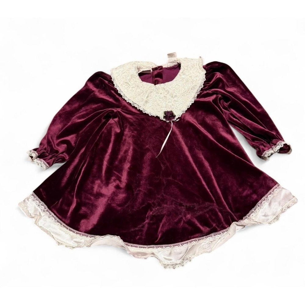 Vintage Rose Cottage Toddler Girls 2T Burgundy Velvet Lace Frilly Dress